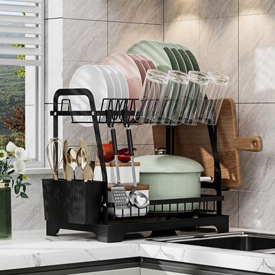 2 Tier Large Dish Drying Rack For Kitchen Counter  Dish Drainer, Large Dish Drying Rack With Drainboard & Utensil Holders,Black