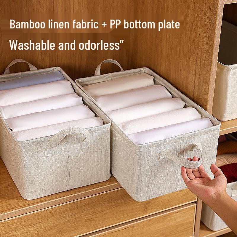 

Корзина для хранения в шкафу со стальным каркасом, бамбуковыми соединениями, льняной тканью и полипропиленовой доской - Моющийся органайзер для брюк и одежды. 48x28x20CM