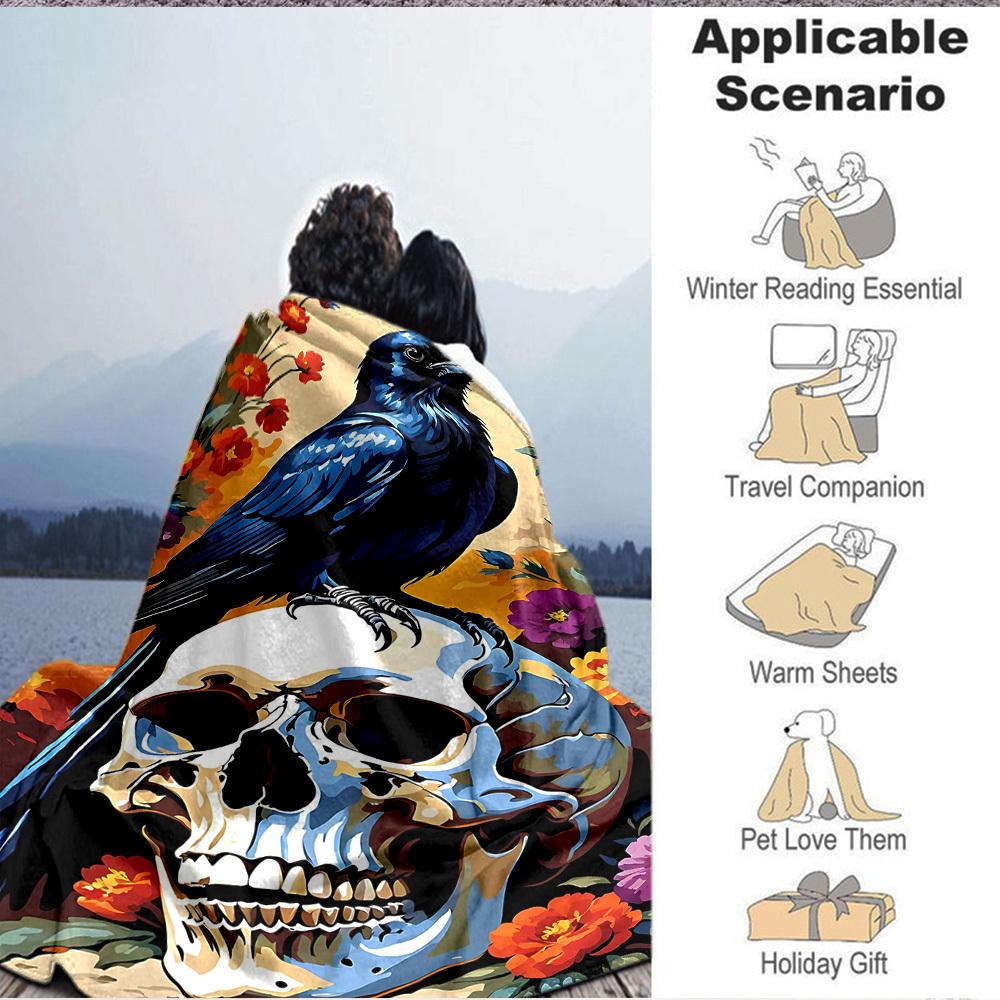 1pc Skull Raven Lightweight Flannel Blanket, Comfortable and Warm Blanket, for Office and Camping Sofa Bed, Livingroom132