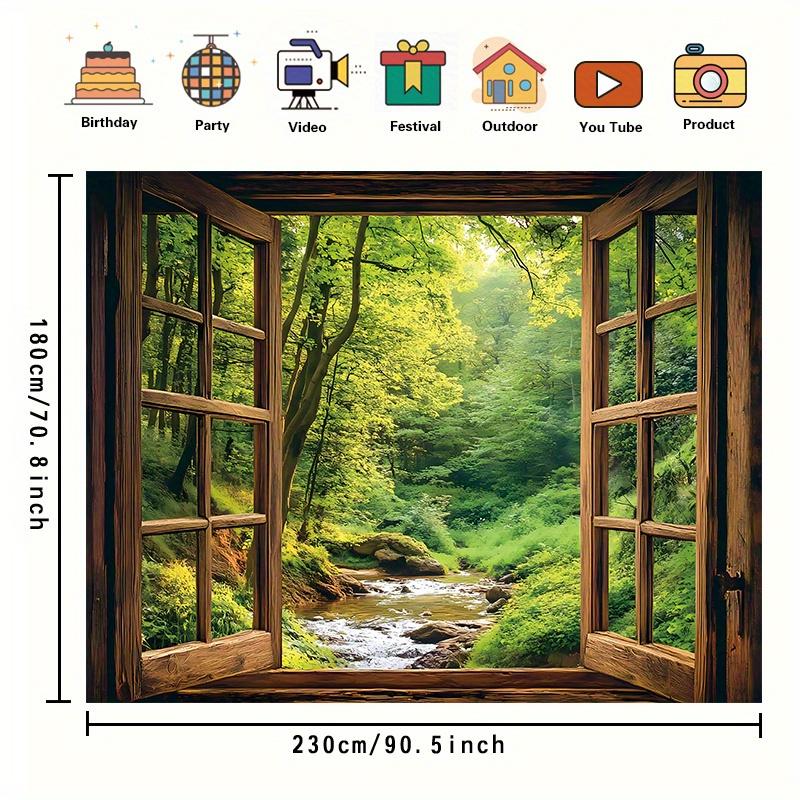 Forest Stream Window Tapestry Nature Wall Art Decor Relaxing Scenic View Home Living Room Bedroom Background 2D Flat Print