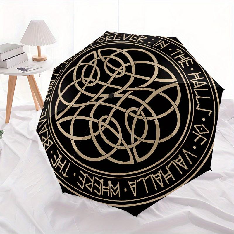 "Forever in the Halls of Valhalla" Norse Viking Warrior Sticker Umbrella, Cute Umbrella with Cute Design, Portable 3-Fold Compact Umbrella for Men & W