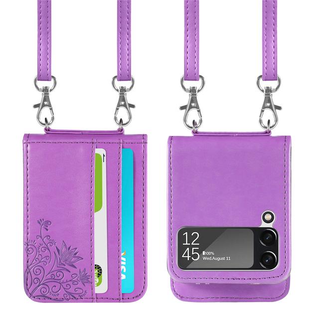 For Samsung Galaxy Z Flip 4 3 Case Floral Print Multifunctional Card Slot Wallet Holder Leather Lanyard Folding Shockproof Cover