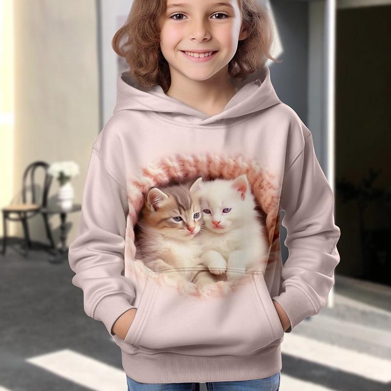Girls' 3D Cartoon Cat Hoodie Pullover Long Sleeve 3D Print Fall Winter Active Fashion Cute Kids 3-12 Years Outdoor Casual Daily Regular Fit