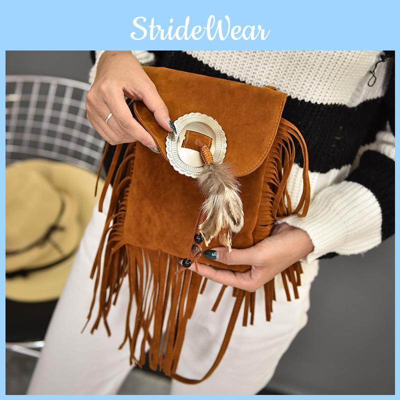 Bohemian Feather Tassel Shoulder Bag With Polyester Lining For Casual Outings