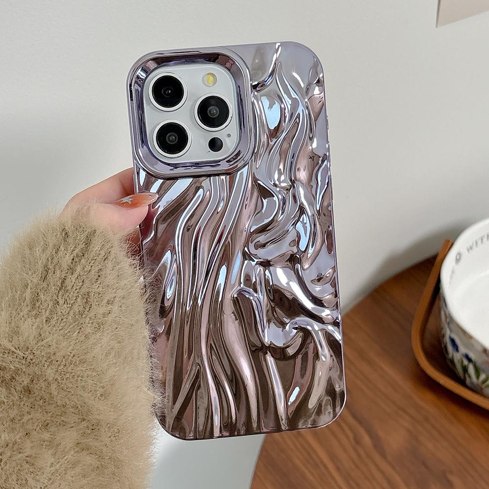 Gold 3D Water Ripple Phone Case For iPhone 17 16 15 14 13 12 11 Pro Max Electroplated Shockproof Silicone Cover