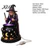 Halloweenowa Statuetka Kociołka Czarownicy ze Świecącym Kociołkiem, Zasilana przez USB Żywica Czarna Kreatywny Prezent dla Przyjaciół Figurka Garnka Zielona/Fioletowa LED