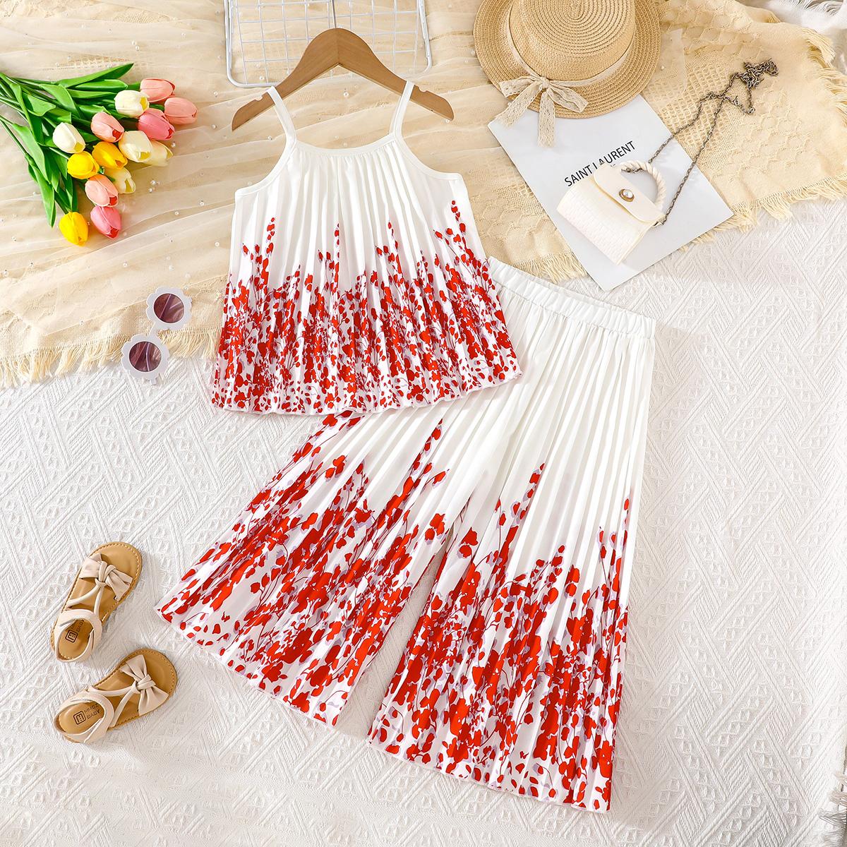 Girls Floral Pattern Pleated Cami & Pants Set, Sleeveless Top + Wide Leg Two-Piece Outfit 2-3Y ализарин красный