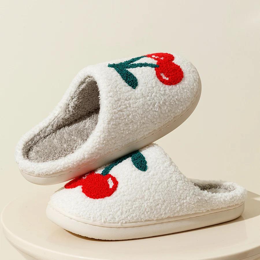 Fashion Super Cute Cherries Plush House Slippers for Women  Comfy Home Shoes   Flat Slip-on Slides   Platforms, Winter Slippers