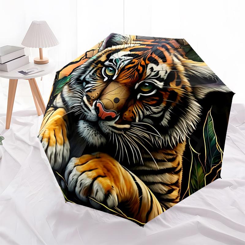 1pc Tiger Jungle Automatic Folding Umbrella, Sturdy And Durable Automatic Folding Umbrella with 8 Ribs, Convenient for Outdoor Use191