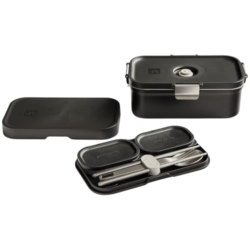 ZWILLING Fresh & Save Vacuum-Sealed Lunch Box, Black, with Cutlery and Sauce Container, Airtight Storage Container [Official Japanese Product] Fresh S