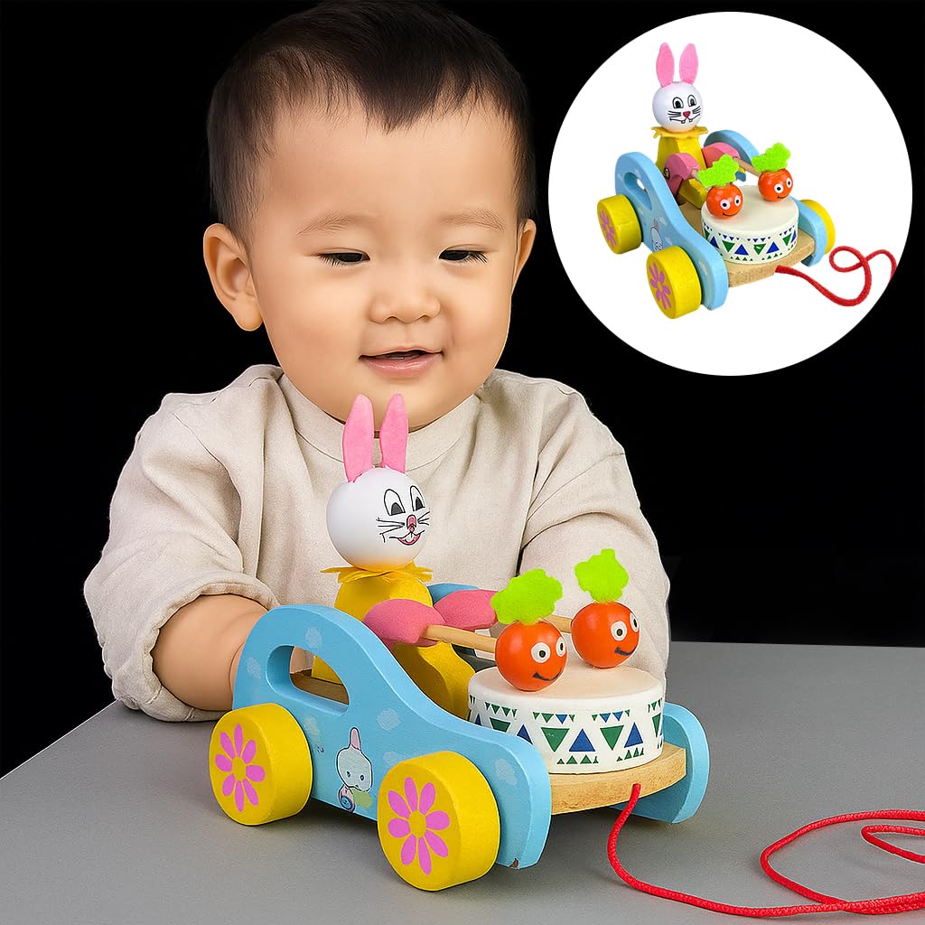 Wooden Bear Pull Toy, Educational & Finger Training, Develops Color Recognition & Balance, Tractor-Style Pull-Back Car for Babies & Toddlers Ages 1,