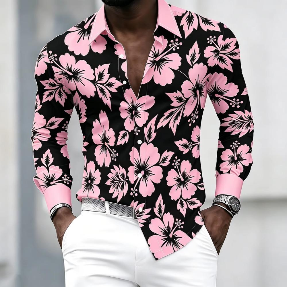 Herren Retro-Blumenprint Langarmhemd mit schwarzem Hintergrund, Hell