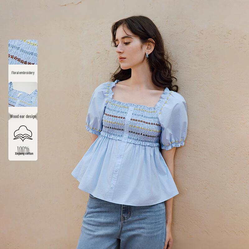 INMAN Women s Xinjiang Cotton Embroidered Ruffle Square Neck Puff Sleeve Shirt L