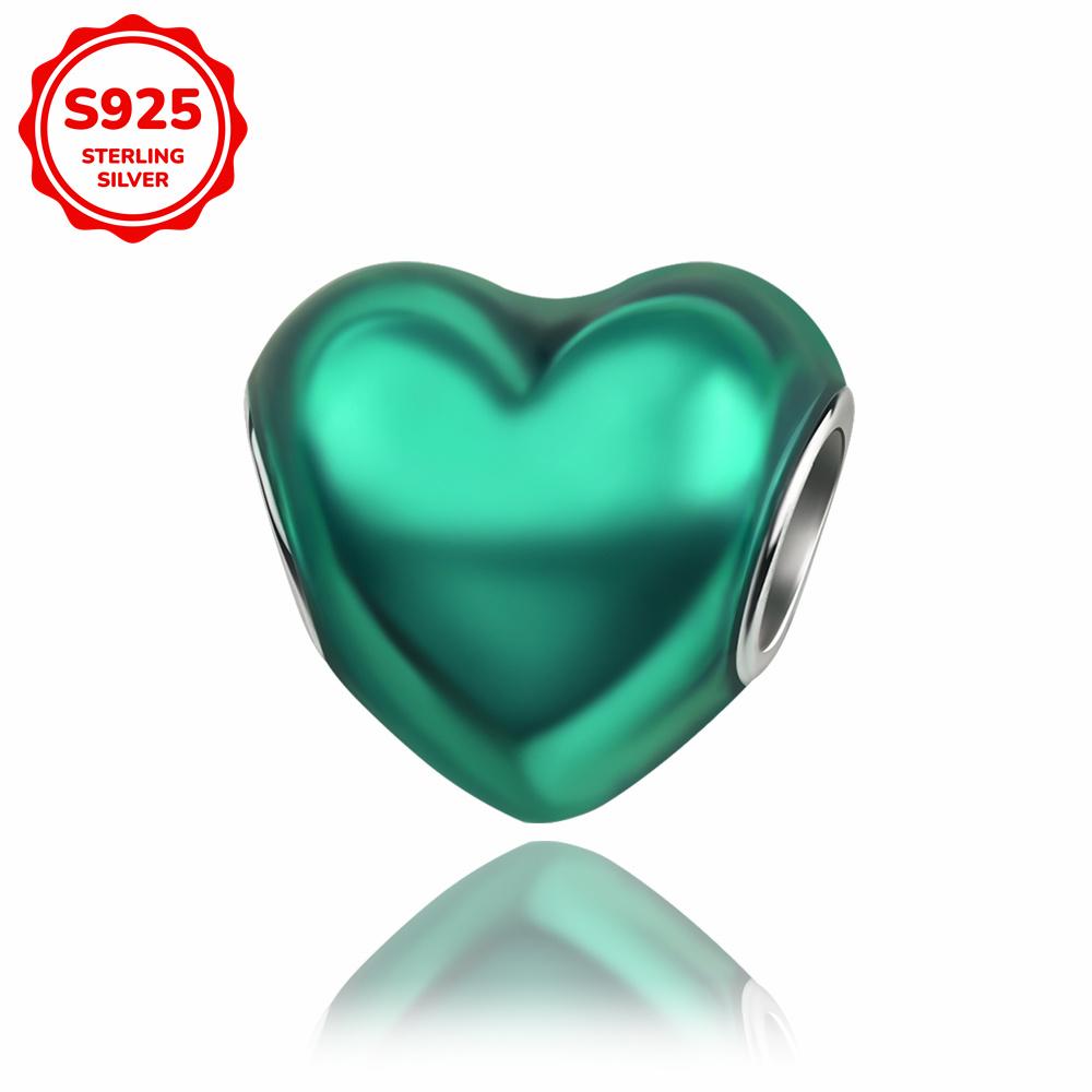 New 925 Silver Colorful Shine Heart Shaped Charms Beads Fit Snake Chain Bracelet Necklace Women DIY Fine Jewelry Gifts