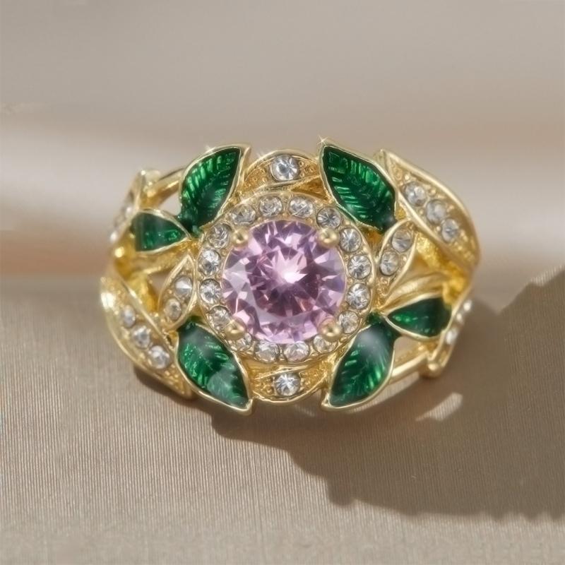 Luxurious Sparkling Round Set with Zircon Leaf Rings, Bridal Engagement Jewelry, Banquet Party Accessories Gifts
