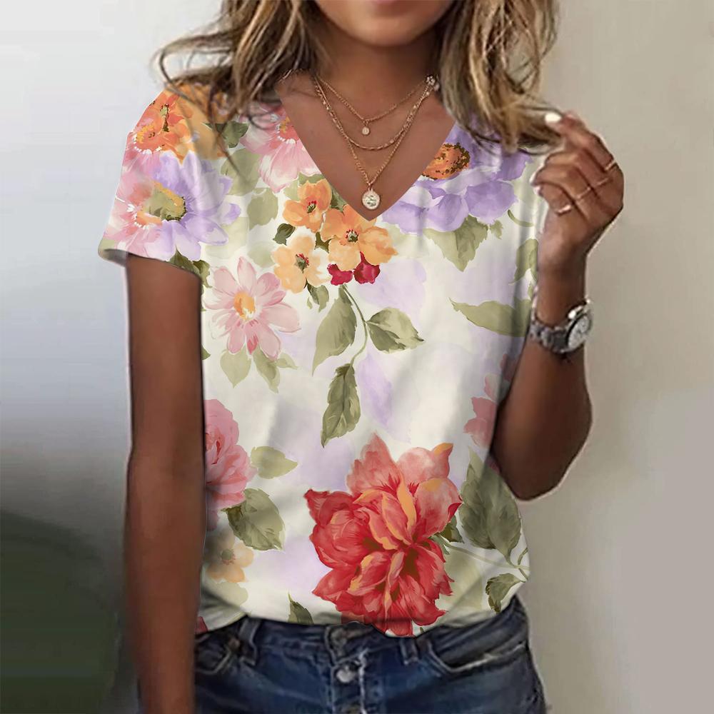 Women's Summer Floral Print 3D Printing T-shirt Women's Street Harajuku V-neck Top Oversized Clothing