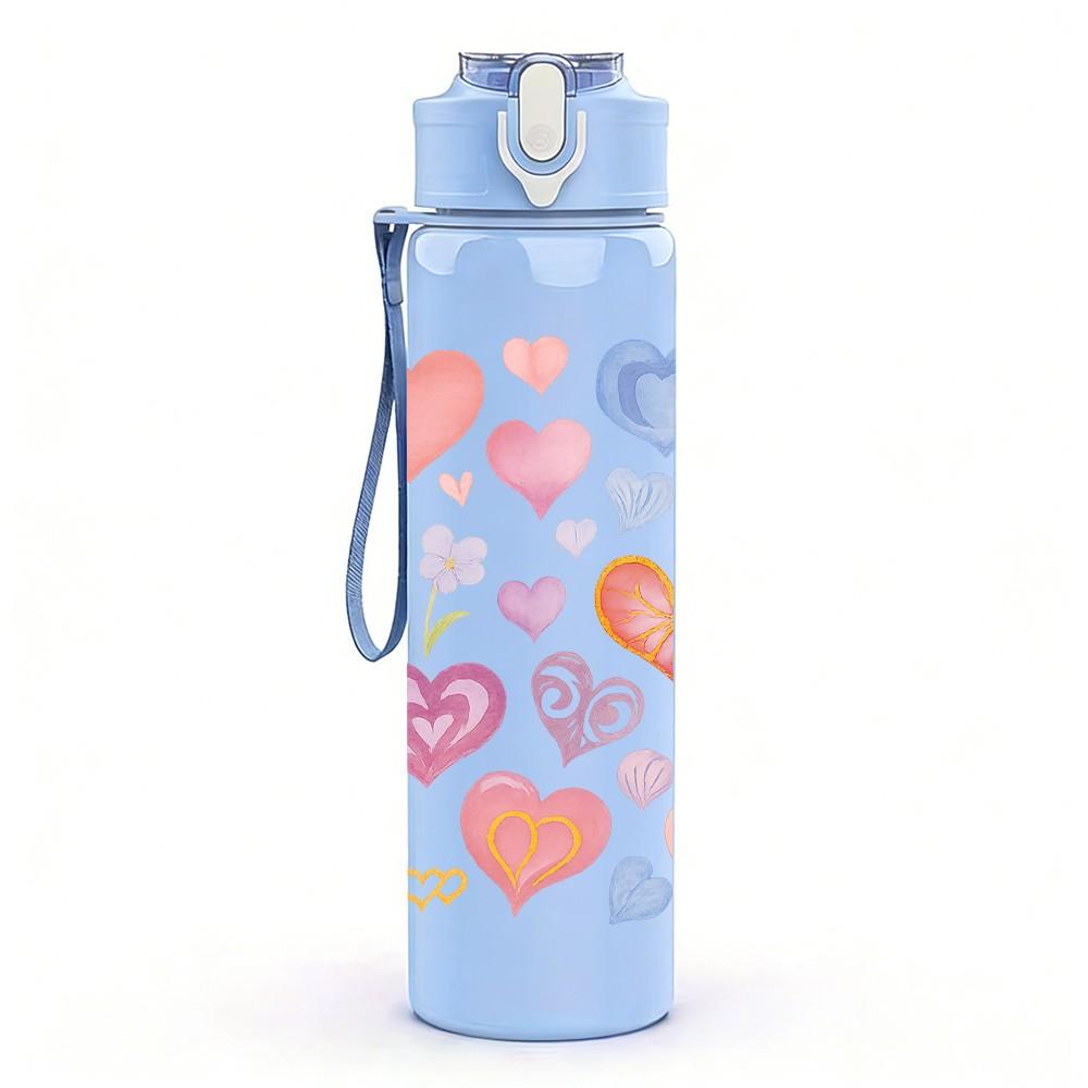 1PC Mixed Pastel Heart Love Pattern Print 750ml Color Plastic Sports Water Bottle Leakproof Flip Straw Lid Suitable for Sports Office Home Use