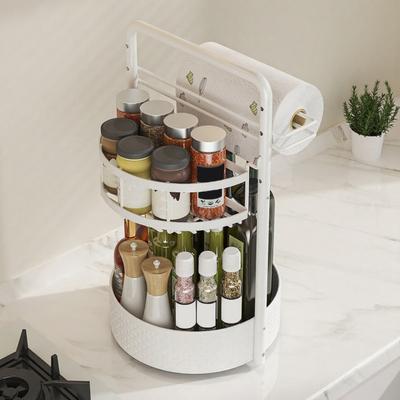Rotating Spice Rack with Built-in Paper Towel Holder 360 Degree Double-Layer Adjustable Height Organizer Metal Kitchen Storage Rack