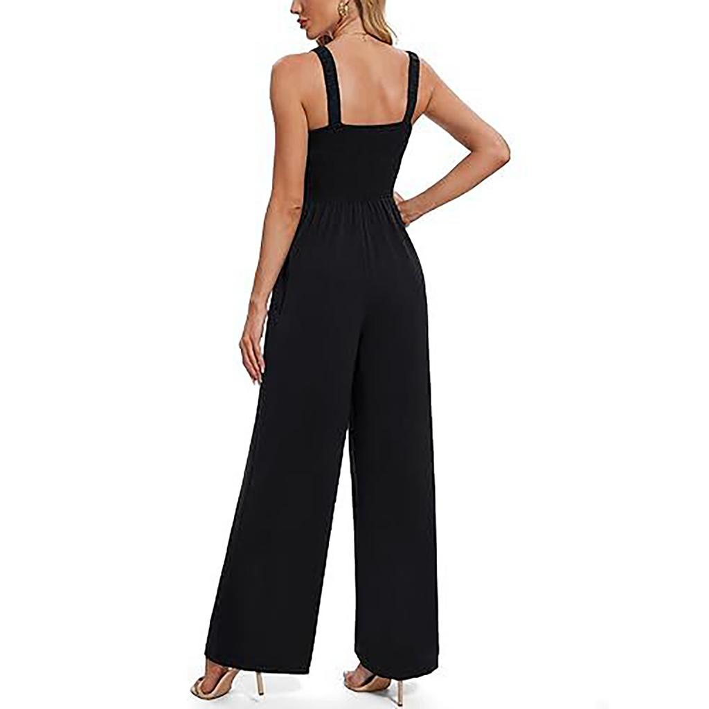 Women's Fashionable Casual Relaxed Square Neck Sleeveless Wide Leg Jumpsuit
