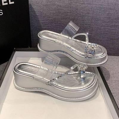 2025 Summer New French Stunning Muffin Thick-bottomed Rhinestone Cover Toe Slippers, High-end Skirt Sandals