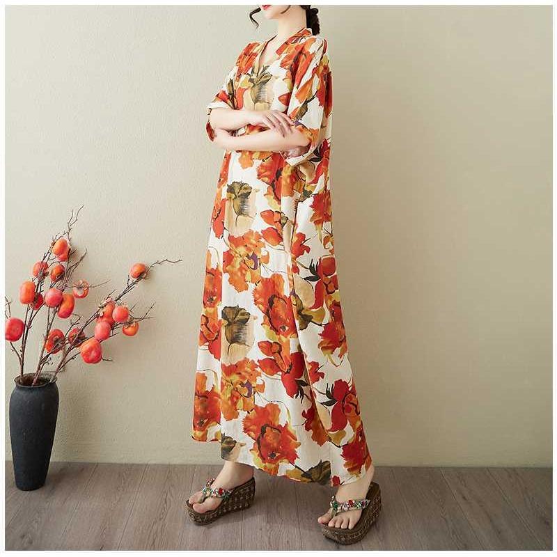 Women's Vintage Long Dress with Cotton and Linen Patterns