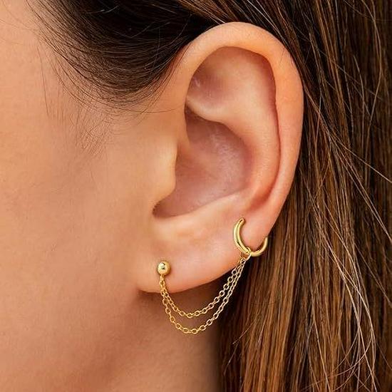 18 Karat Gold Plated Quadratischer Ohr-Cuff und Kette Zirkon Steckerohrringe Set - Drei Teile