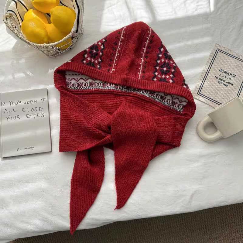 Vintage Fair Island Jacquard Knitted Hooded Scarf Women's Autumn and Winter Ribbon Baotou Ear Cap Integrated Thermal Cap
