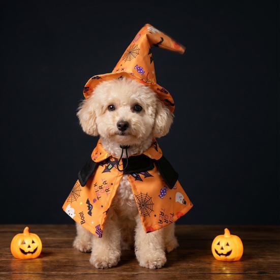 Jijijing 1 Set Halloween Pet Costume, Adjustable Wizard Hat And Cape, Cute Pumpkin Ghost Prints, Fun Outfit for Small Dogs Cats Festive Apparel
