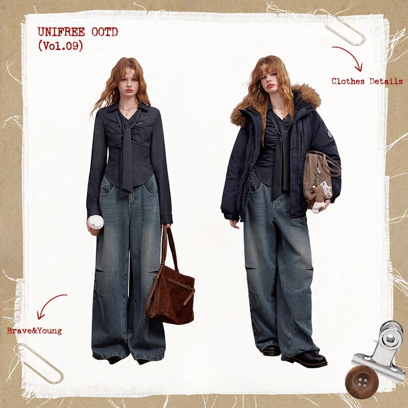 UNIFREE Women's Retro Pleated Long Sleeve Shirt with Tie