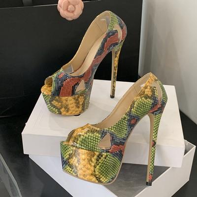Fashion Liyke Fashion Hollow Out Mixed Color Snake Print Leather Platform Pumps Women Sexy Peep Toe 16CM High Heels Party Stripper Shoes