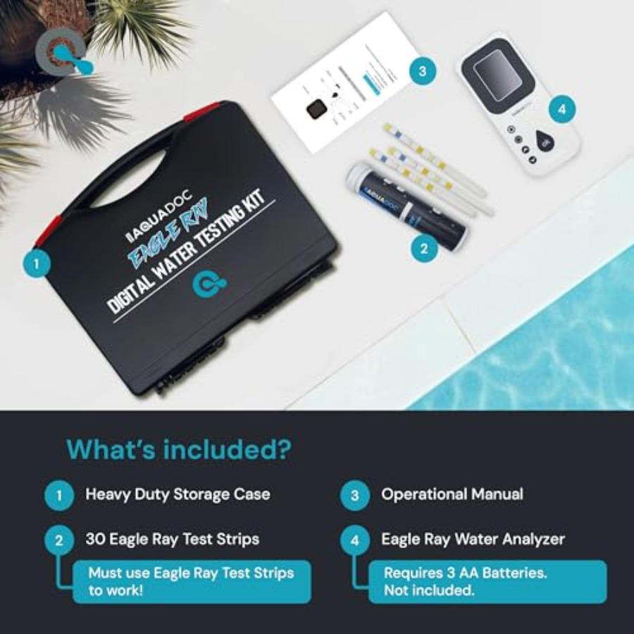 Eagle Ray Digital Pool Water Test Kit with Digital Water Tester and 30 Test Strips for Chlorine Bromine Total Hardness Cyanuric