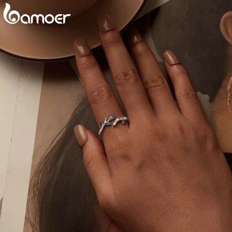 BAMOER 925 Sterling Silver Green Leaf Opening Ring Twig Adjustable Ring for Women Plated Platinum Fine Jewelry Gift
