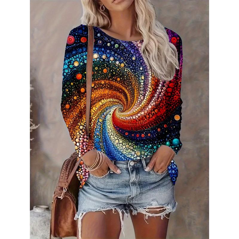 Womens Casual Abstract Print Long Sleeve Crew Neck T-Shirt 3D Effect 2025 Comfort Fit