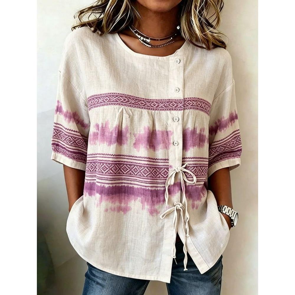 Women's Boho Tie-Dye & Geometric Print Drawstring Button Up Blouse, Casual Round Neck Tops for Spring Summer Daily Vacation Wear