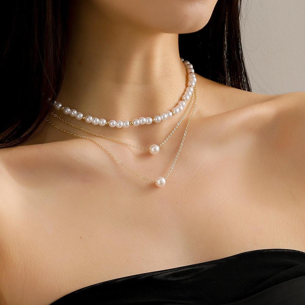 Elegant And Stylish Layered Pearl Necklace For Women With Geometric Alloy Design