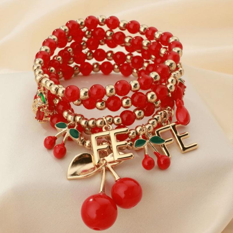 4 Pcs Versatile Red ABS Bead & Cherry Drop Oil Pendant Bracelet Set, Suitable For Women's Everyday And Vacation Outfits