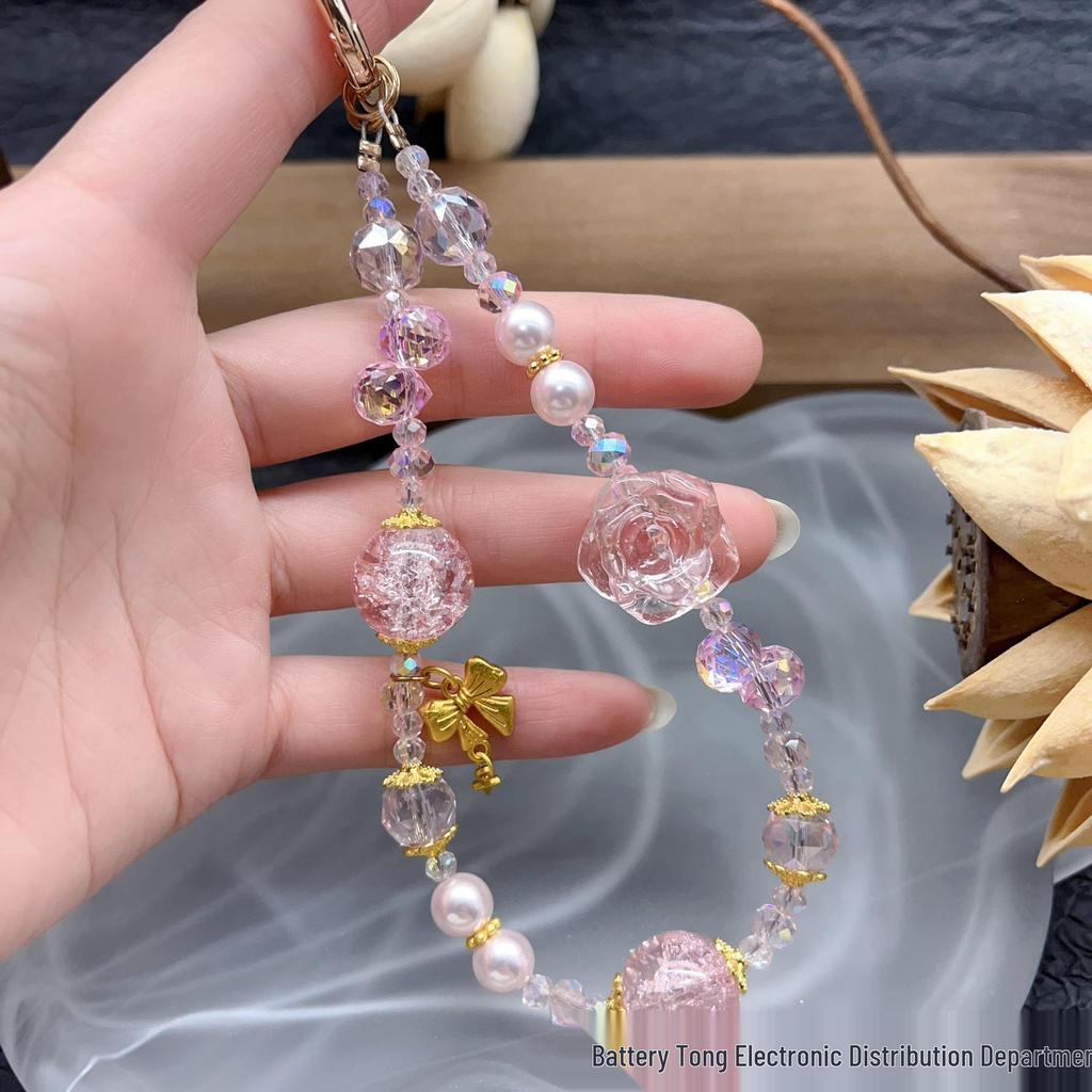 Handgjord Retro Blomma Kristall Telefonband & Nyckelring - Genomskinlig Ros Pärlberlock för Väskor