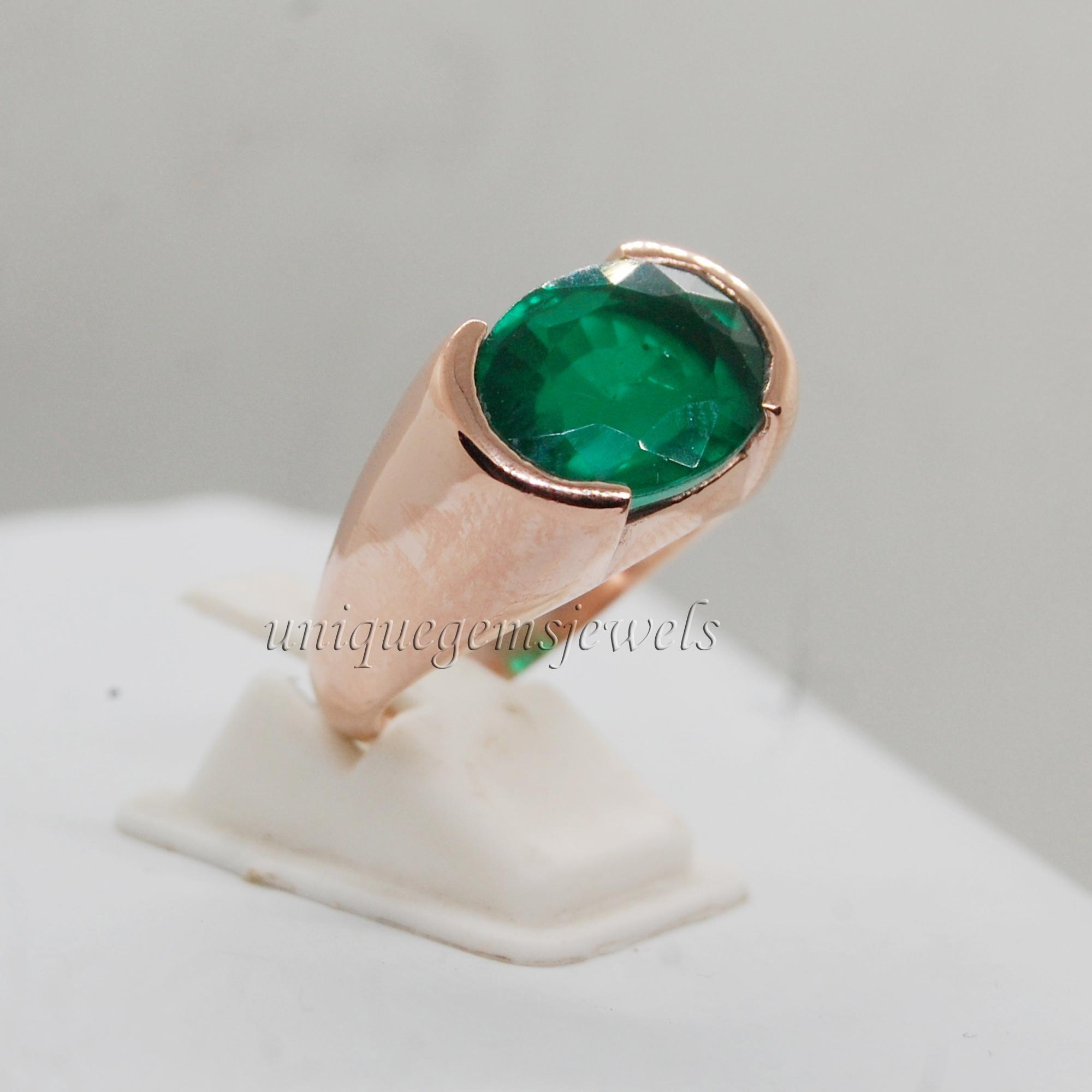 

Rich Green Emerald Quartz 925 Sterling Silver Rose Gold Ring, May Birthstone Emerald Handmade Unisex Ring 6 рожевий колір золота