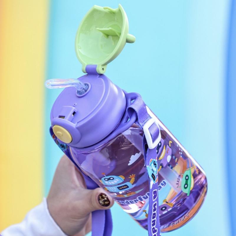 Cute Kids Water Bottle With Straw BPA Leakproof Outdoor Portable Children's Cups School Water Bottle Cartoon Anime Student Strap Water Cup