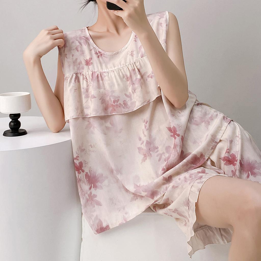 Anti-bumping Pajamas Women's Summer Vest Shorts Set Cotton and Silk Loungewear Can Be Worn Outside Loose Large Size Sweet and Cute