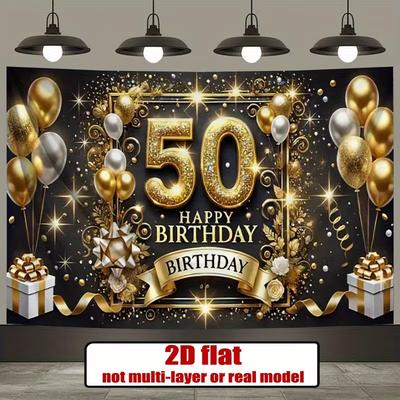 2D Black Gold Happy 50th Birthday Backdrop Glitter Balloon Party Decoration Banner