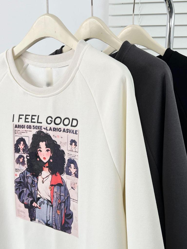 2026 Spring Plus Size Loose Hoodie with Fashionable Woman Print, Round Neck, and Raglan Sleeves