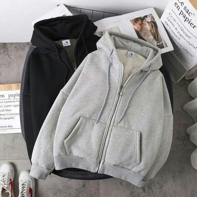 Unisex Plush Hooded Zipper Sweatshirt - Warm, Loose Fit, Large Size for Couples - Autumn/Winter Cardigan.
