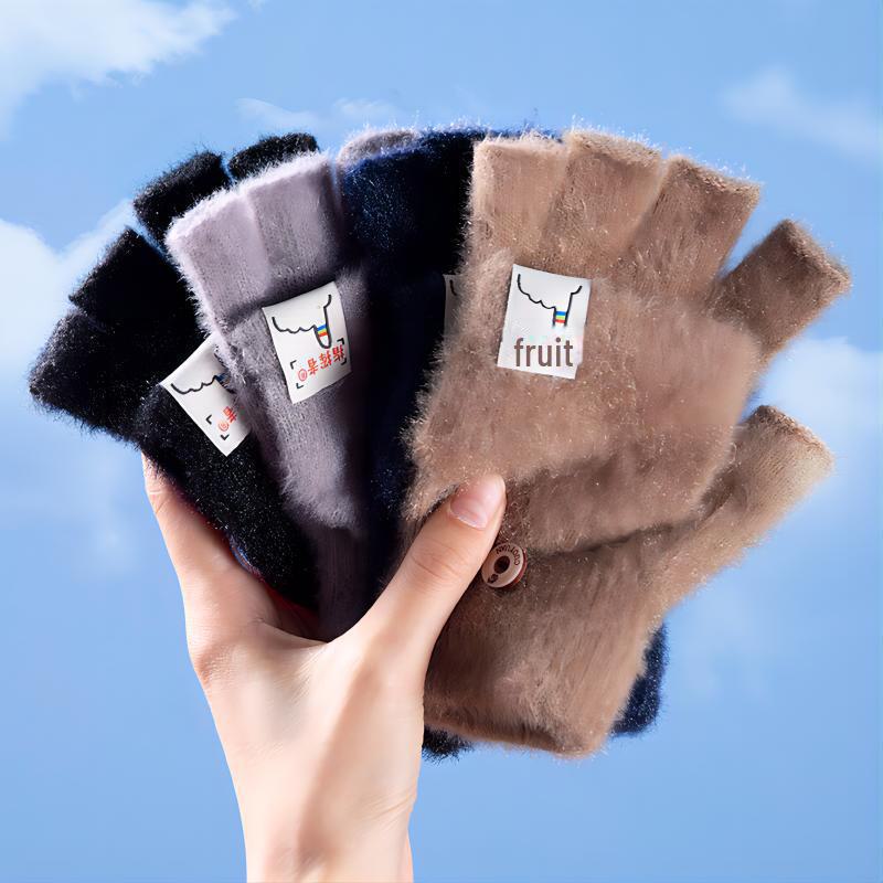 Guanti di Lana Antivento Spessi e Peluche Autunnali e Invernali con Copertura Ribaltabile a Mezzo Dito per Studenti