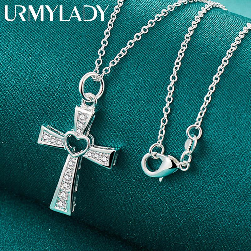 URMYLADY 925 Sterling Silver Cross Love 16-30 Inch Pendant Necklace For Women Wedding Fashion Jewelry