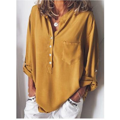 Women's Solid Color Long Sleeve Shirt Fashion Loose V-neck Shirt