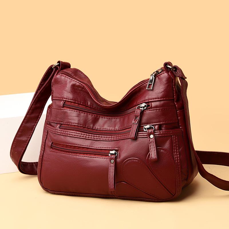 Borsa a tracolla multistrato in morbida pelle tinta unita da donna, grande capacità, borsa da viaggio multifunzionale sottobraccio