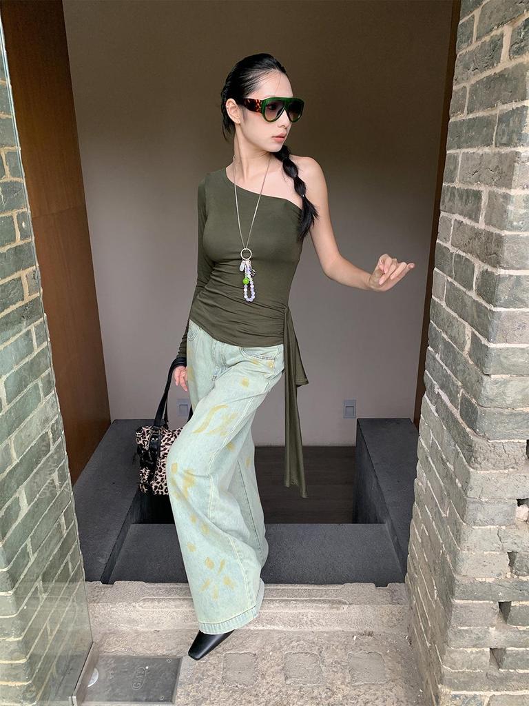 Retro Distressed Mud Yellow Wide Leg Jeans for Women - 2025 Autumn Collection
