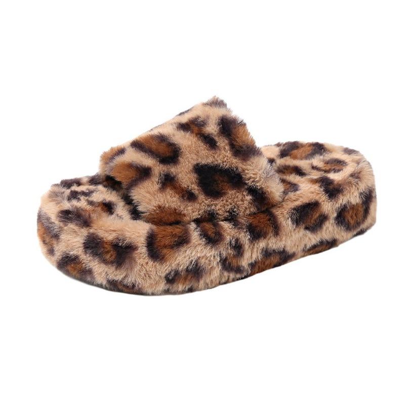 Autumn and winter new home thick bottom heightening retro leopard print fluffy slippers women wear versatile cotton slippers