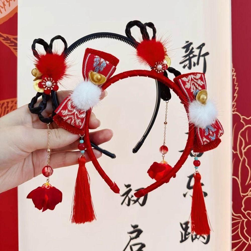 Braid Hair Children Wig Headband Flower Red Bow Hairband Simple Hanfu Hair Sticks  Baby